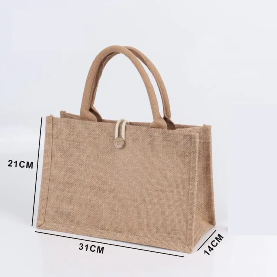 Large Capacity Shopping Bag Versatile Jute Tote Bag Portable Lunch Bag Linen Button Reusable Burlap Bag Gift Packing Handbag 250516