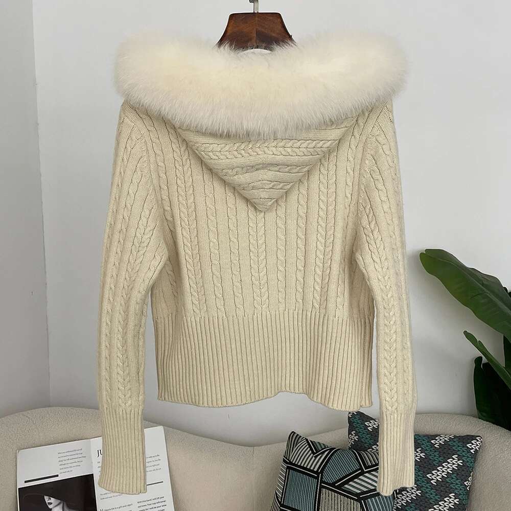Knitwear Patchwork Real Fur Women Spring Sweet Furry Trim Hooded Knitted Cropped Cardigans Slim Zipper Sweaters Autumn Lady