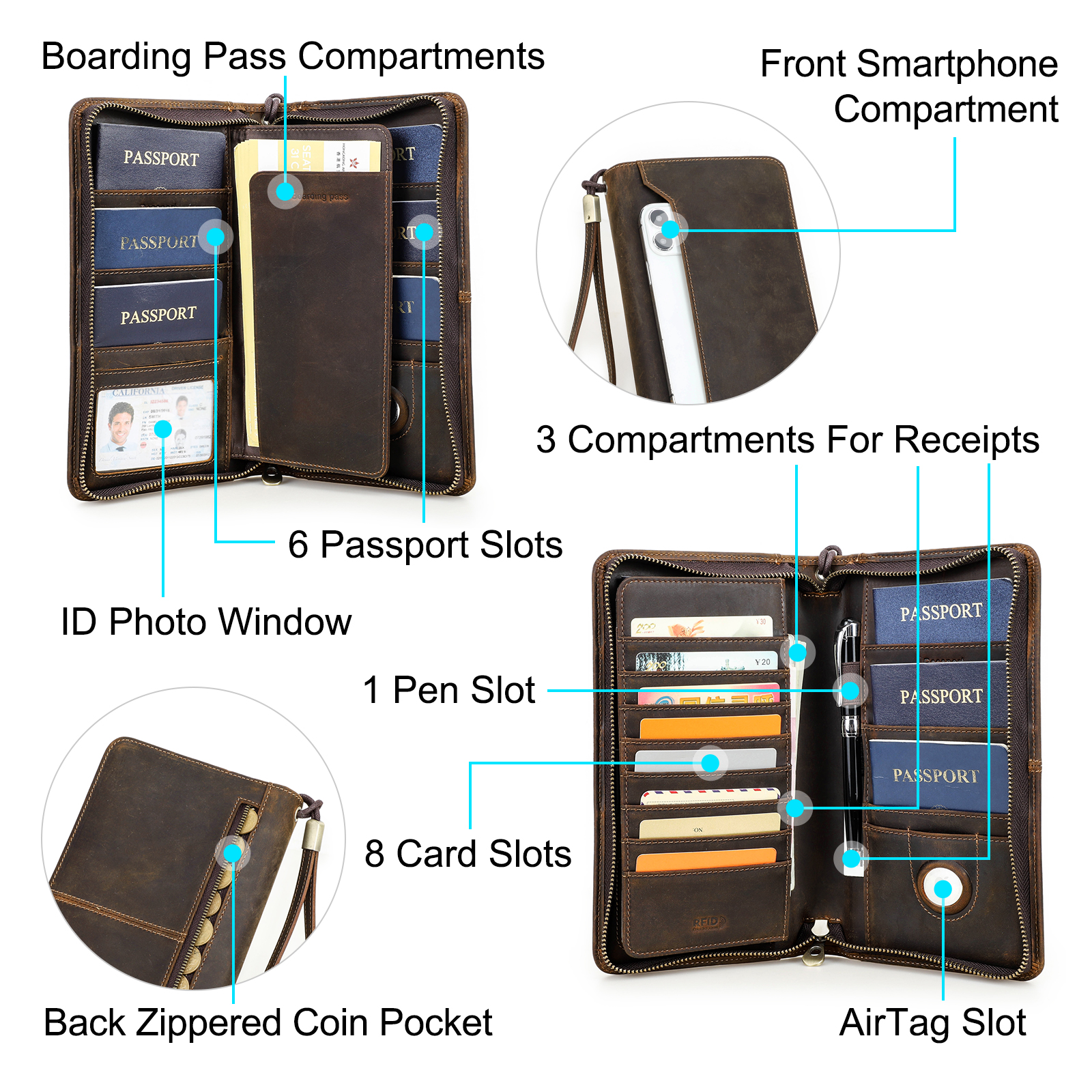 CONTACT'S Genuine Leather Family Passport Clutch Wallets Vintage Men Travel Clutch Bags Passport Cover Card Holder Phone Pocket