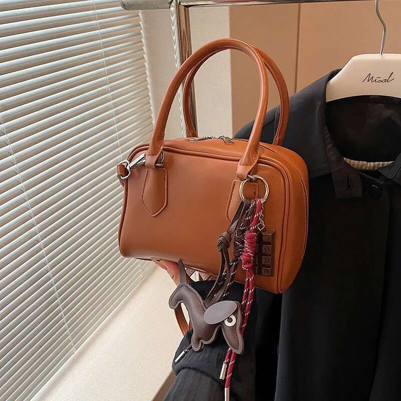 Women's Pu Leather Cute Mini Boston Handbag Retro Brown Bowling Crossbody High-End Korean Shoulder Bag Ladies Versatile Tote