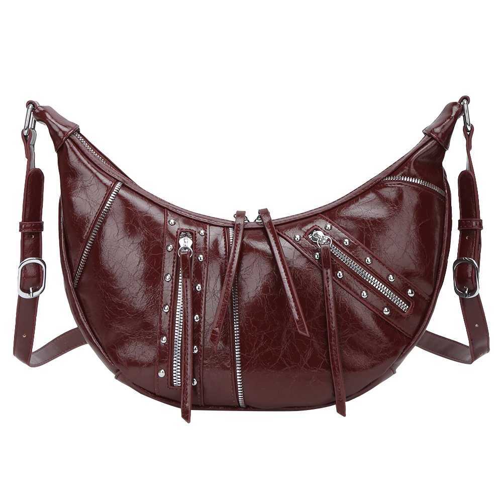 Women PU Leather Crossbody Bag Y2K Punk Crescent Bag with Inner Pocket Hobo Bag with Zipper for Work Travel M250520