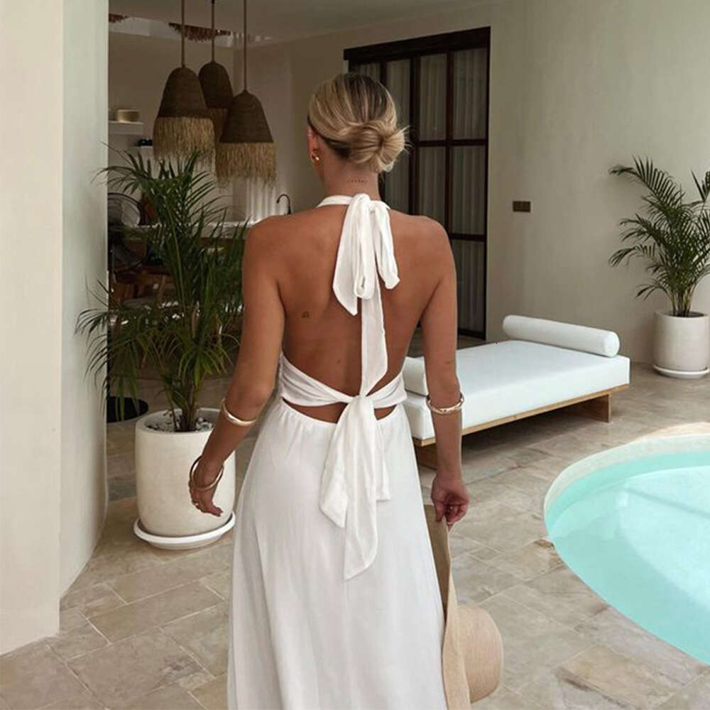 Halter Dress Instagram Sexy Spicy Girl Hanging Neck V Neck Tie Up Open Back Women S Fashion Style Long Dress Spring Summer Maxi Dress