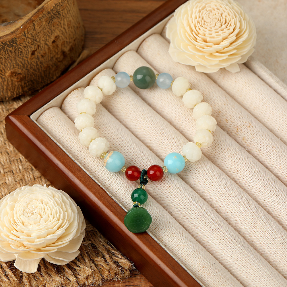 New Chinese White Jade Bodhi Root Hand String China-Chic Lotus Pendant Buddha Beads Bracelet Female Jewelry