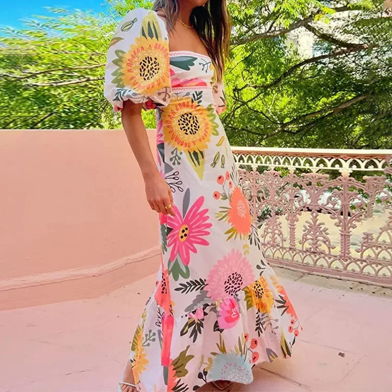 VEITCHE Summer Elegant Women Dress Flower Printed Maxi High Waisted Short Sleeve Square Collar Holiday Long Dresses 250520