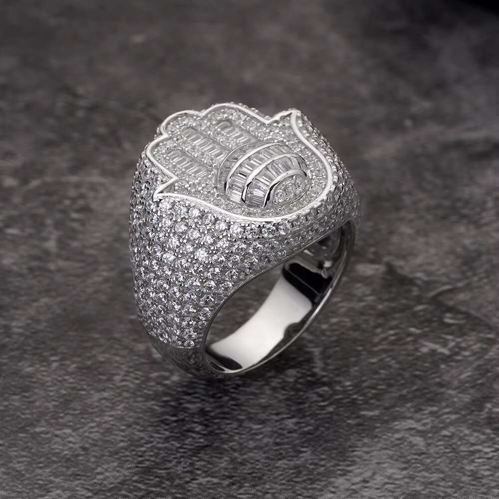 Hip Hop Bling Iced Out Zirconia Popular Custom 925 Plata Vintage 14K Baguette Iced Out Hamsa Hand Fatima Ring