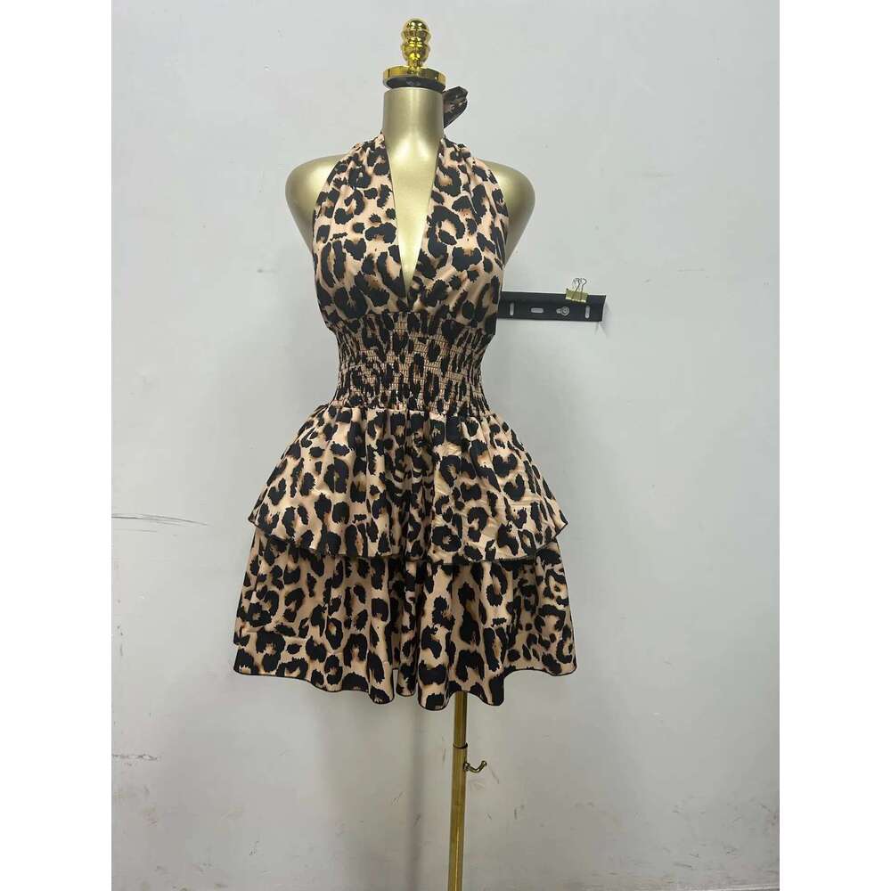 Women Leopard Print Halter Neck Backless Cascading Ruffles Big Swing Ball Gown Mini Dress Sexy Club Party Dresses