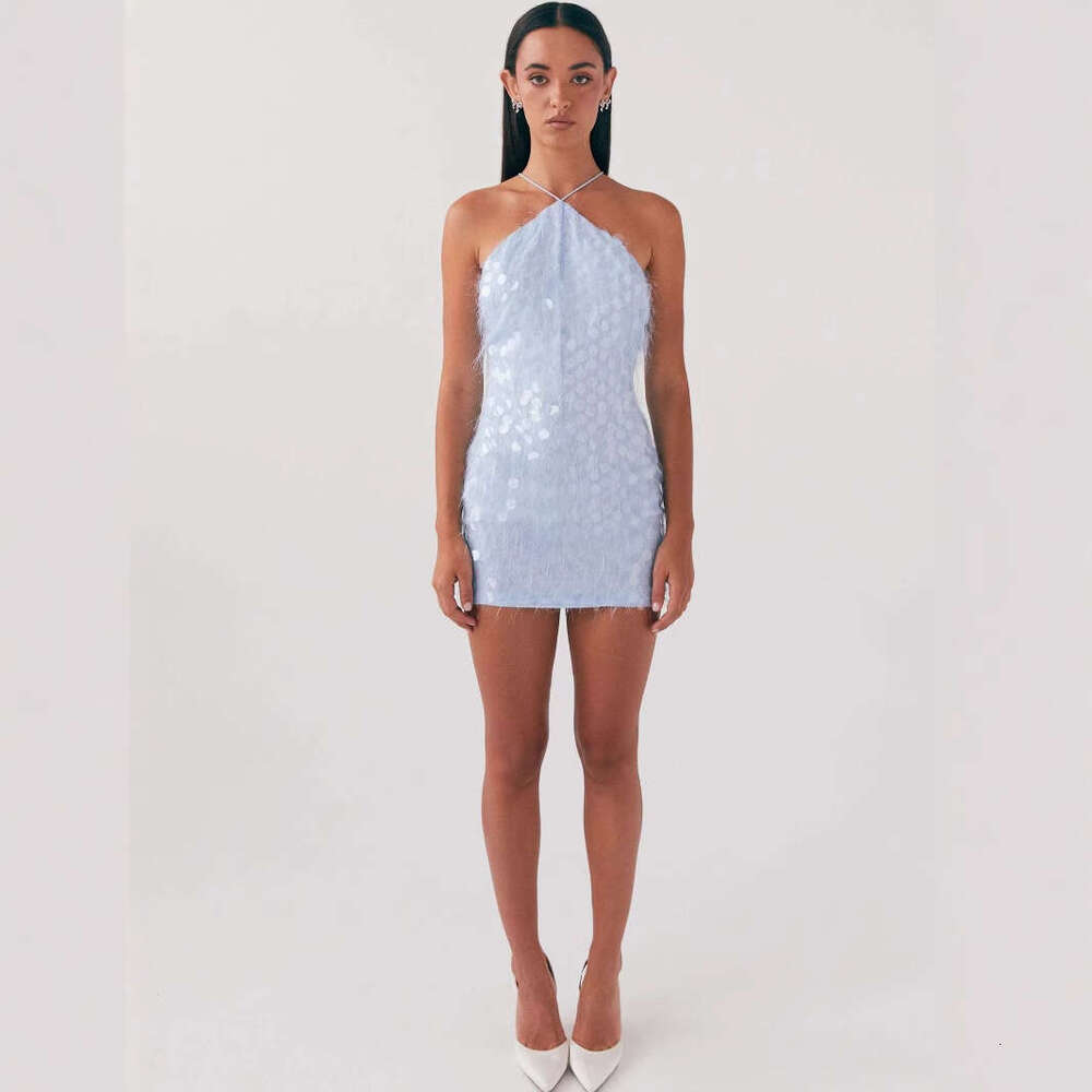 Desin a sexy and pure neck hanin bead piece, backless cross strap slim short European station party liht dress, summer 2025 new casual fashion trend
