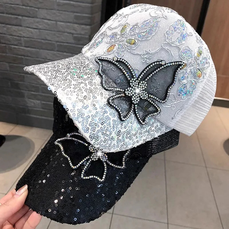 Women Summer Mesh Baseball Cap Shiny Rhinestone Butterfly Sun Visor Hat For Ladies Glitter Sequins Breathable Sunscreen Caps 250519