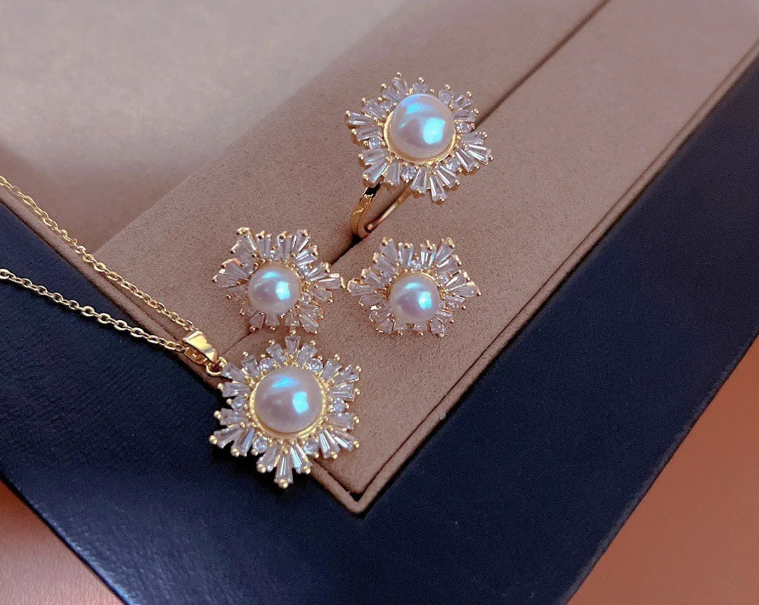 Sell Shiny CZ Zircon Flower Natural Freshwater Pearl 14k Gold Filled For Women Necklace Earrings Ring Jewelry Sets 250520