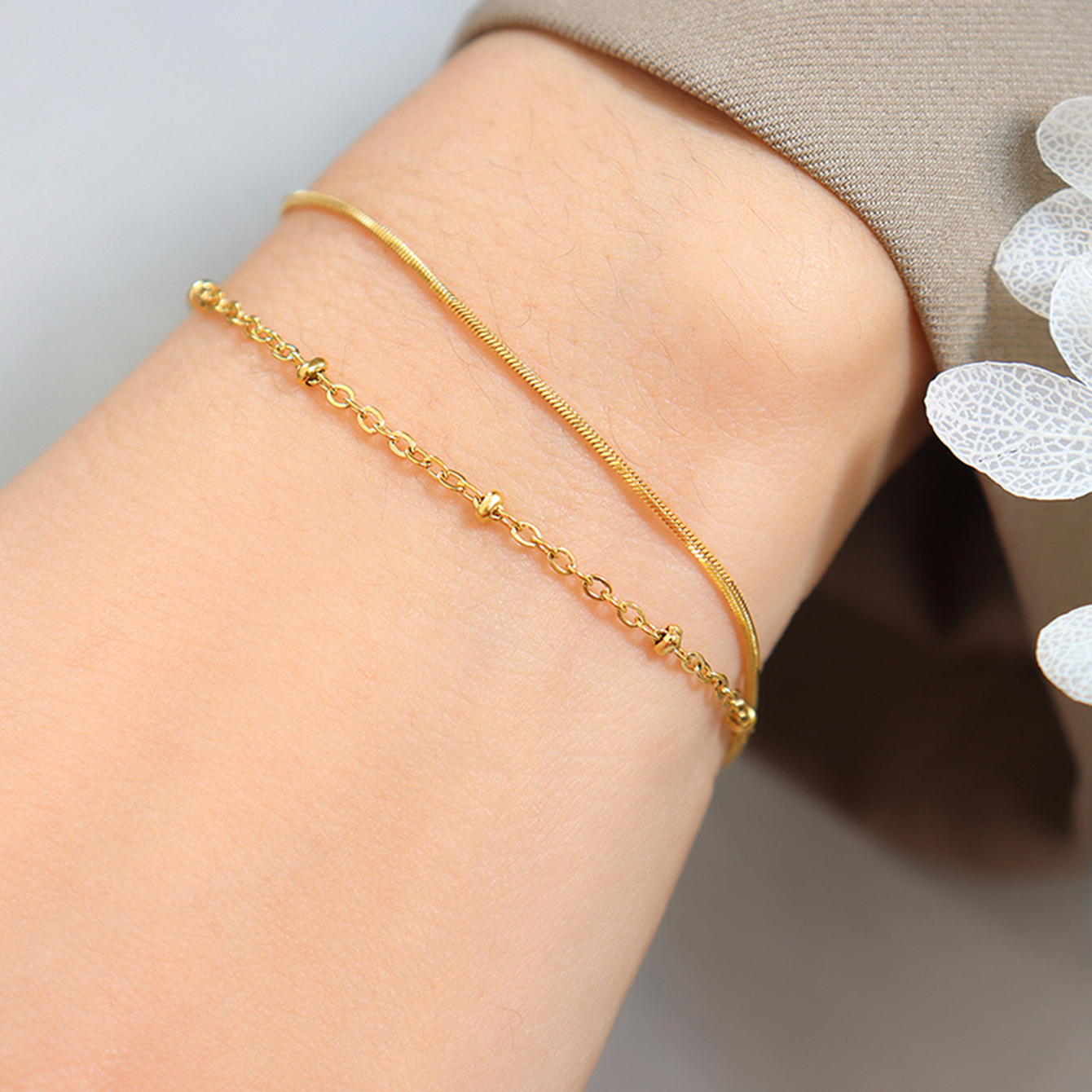 TUPMI Dainty Layering Bracelets for Women 18 k Gold Plated Fashion Adjustable Chunky Cuban Snake Link Chain Bracelets Double-layer Jewelry for Women G