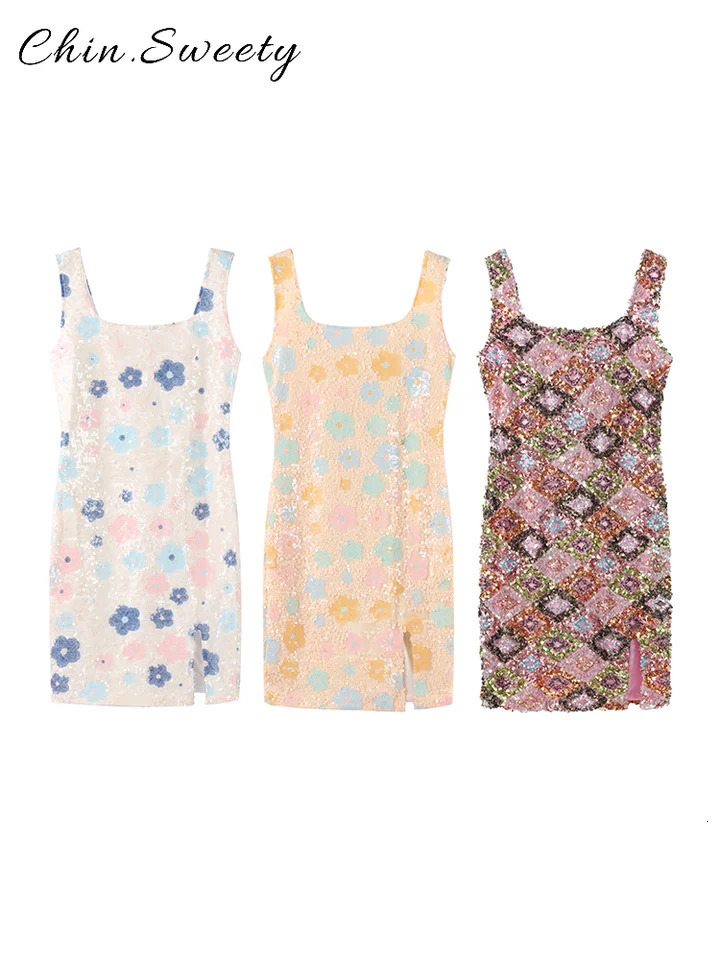 Sexy Sequined Sling Short Summer Dress Women Shiny Square Collar Sleeveless Slim Straight Dresses Lady Chic Party Robes 250517