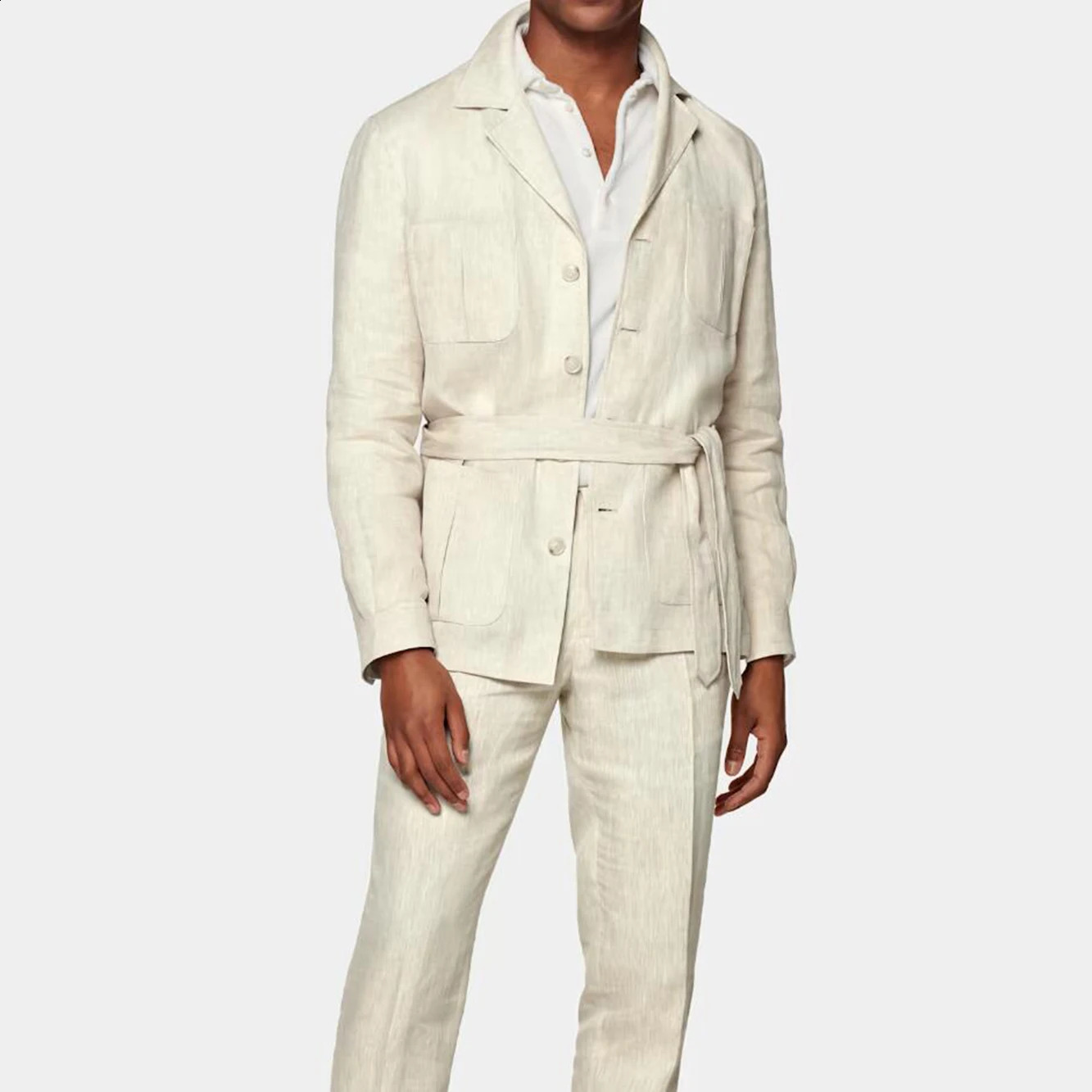 2 Pieces Linen Mens Suits With Belt Tuxedo Summer Casual Style Groomsmen For Wedding Blazer Pants 250519