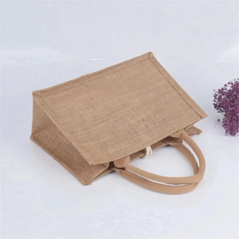 Large Capacity Shopping Bag Versatile Jute Tote Bag Portable Lunch Bag Linen Button Reusable Burlap Bag Gift Packing Handbag 250516