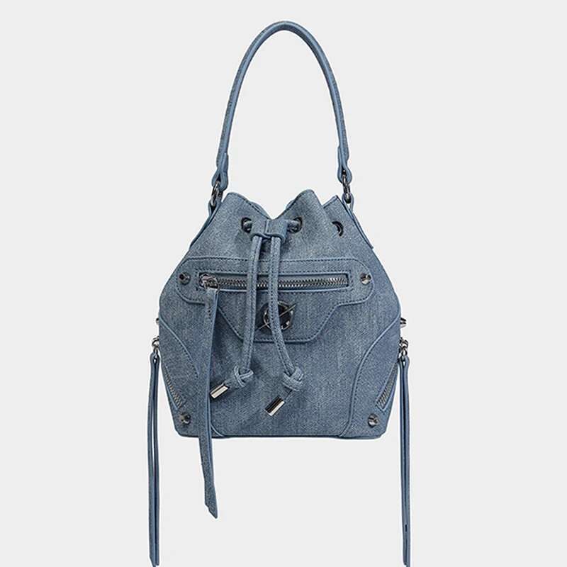 Denim Bucket Bags For Women Designer Handbags And Purses 2024 New In Fashion Rivet Chain Decoration Shoulder Crossbody
