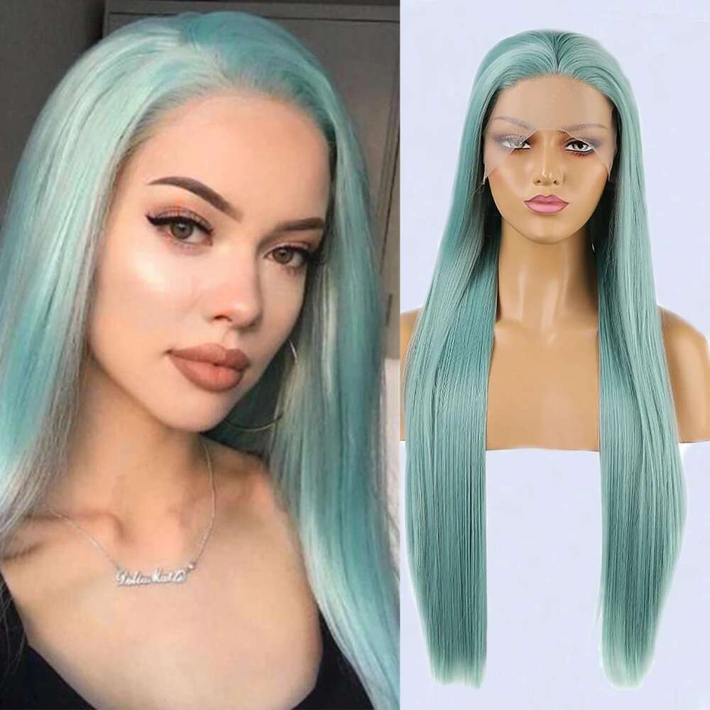 Natural Straight Synthetic Front Glueless Ready to Wear Long Green Wig Lace Wigs for Women Cosplay