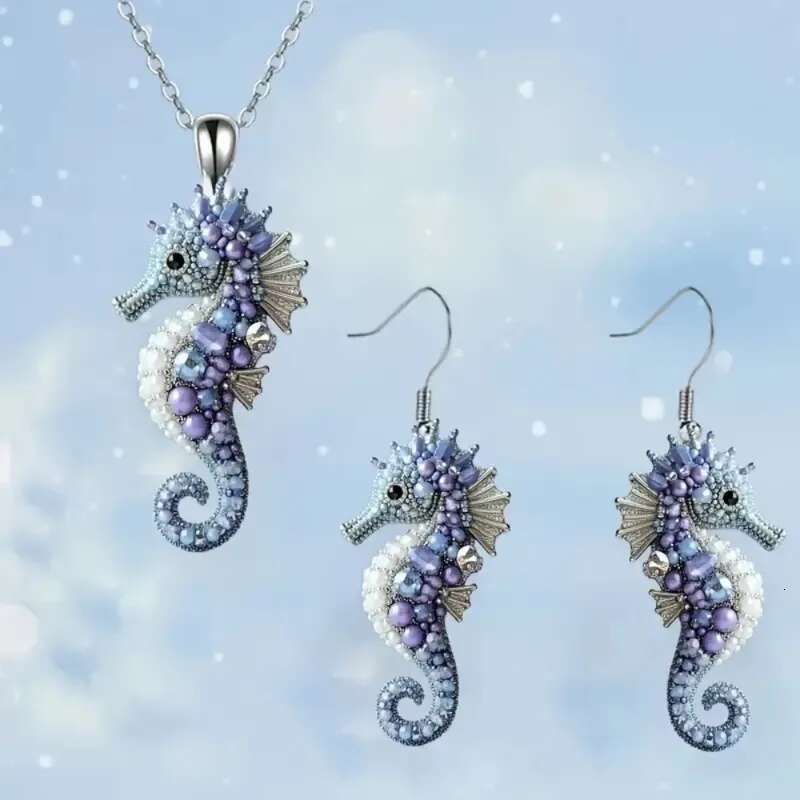 3Pcs/Set Fashion Dreamy Ocean Seahorse 2D Flat Acrylic Long For Women Funny Glitter Animal Earring Set Necklace Jewelry Gifts