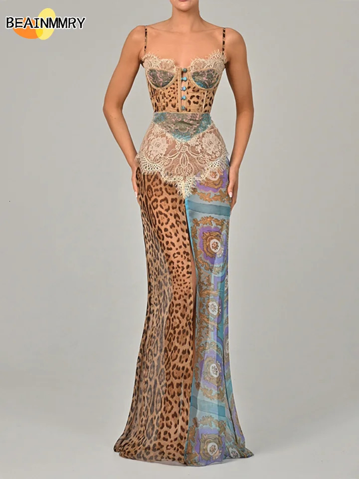 Summer Beach Leopard Print Dress Sexy Lace Split Patchwork Chiffon Dresses Women Elegant Sleeveless Backless Evening Gowns 250520