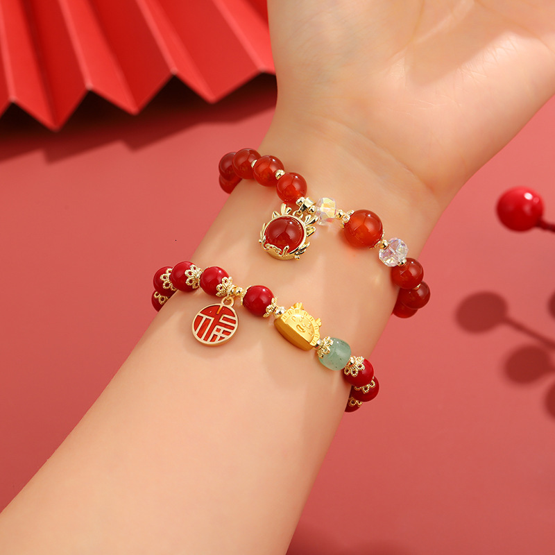 The Chinese style beads lucky Year of the Loong fortune coins agate red rope temple bracelet female