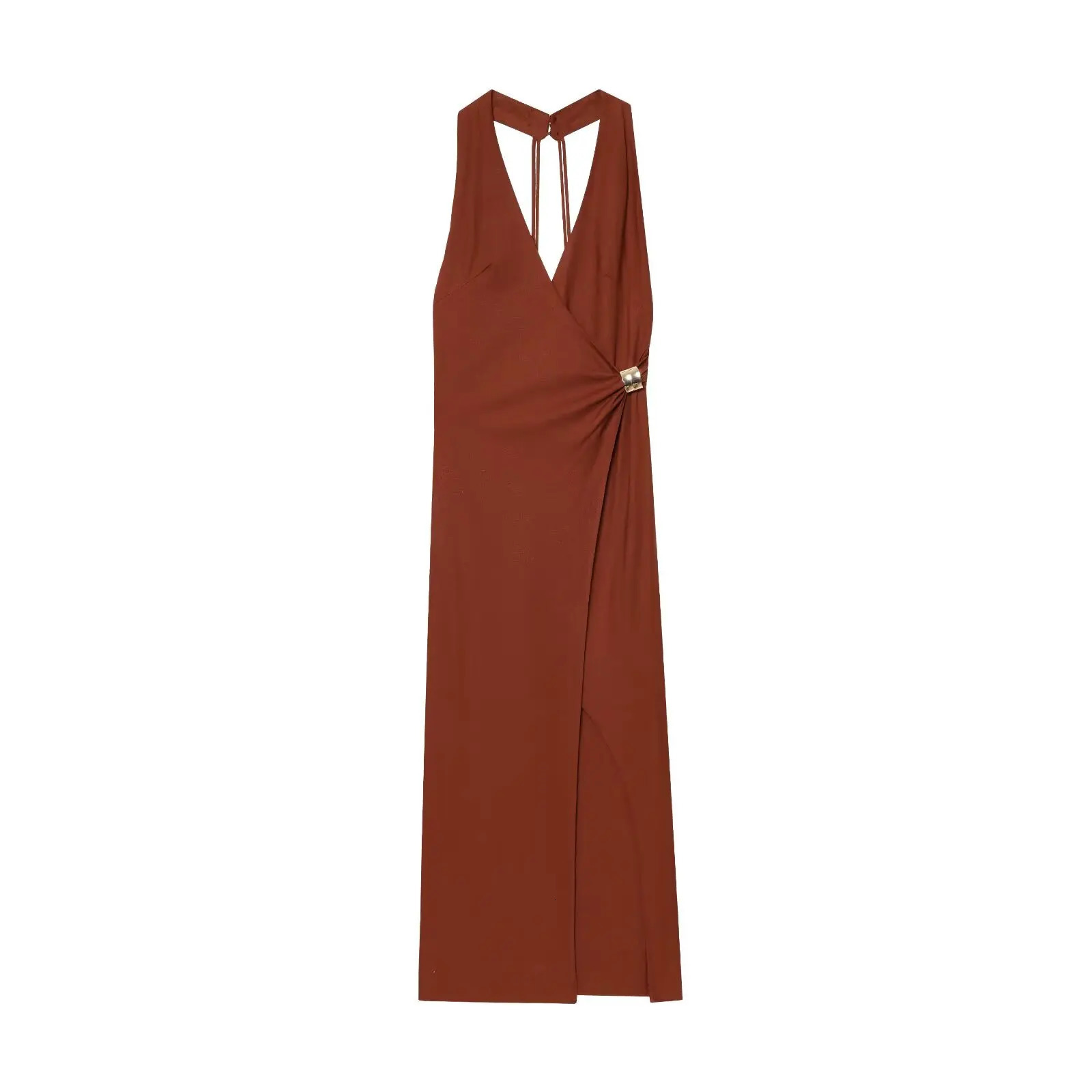 European and American style summer linen blended Vneck sleeveless backless slit dress 250520