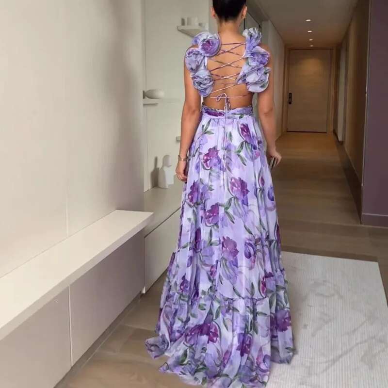 Comfortable Casual Vacation Pressed Pleated Chiffon Women's Summer 2025 New Ruffle Print Sleeveless Slip Dress Long Skirts