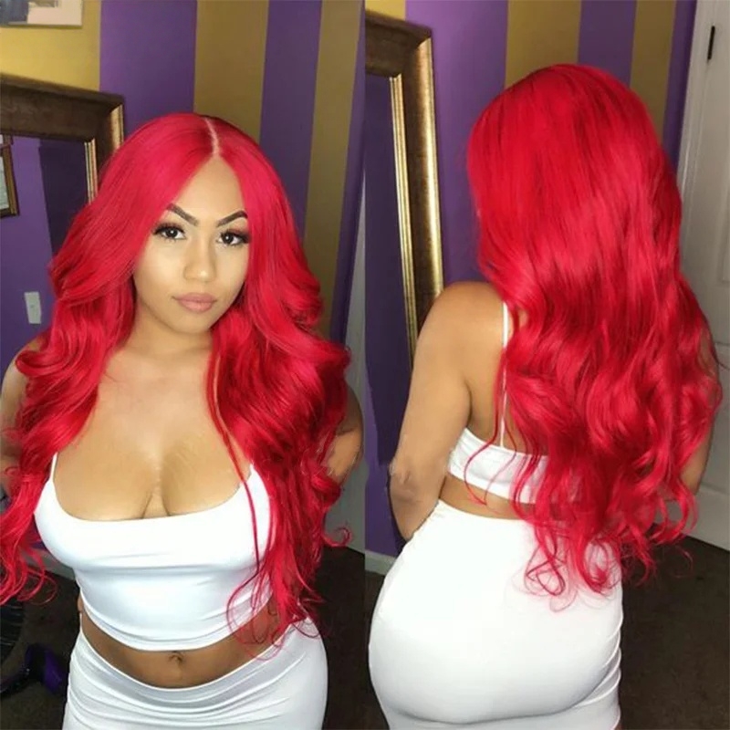 Red Colored Lace Front Wig Simulation Human Hair 250 Density 32 Inch Wigs Brazilian Hair Pre Plucked 13x4 HD Body Wave Synthetic Wig Glueless For Blac