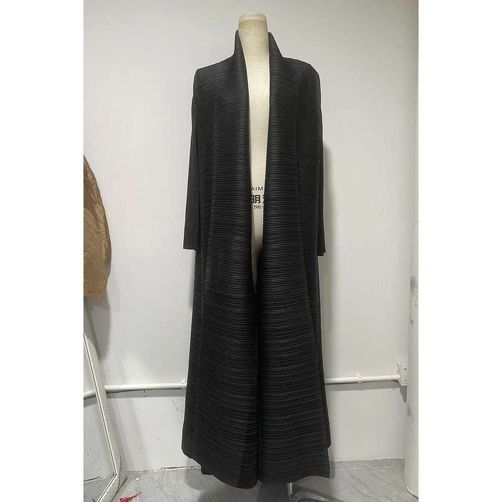 Miyake Pleated Turndown Collar Sleeve Cardigan Dress Long Coats Women 2024 New Abaya Fashion Solid Loose Large Size Clothes Designer