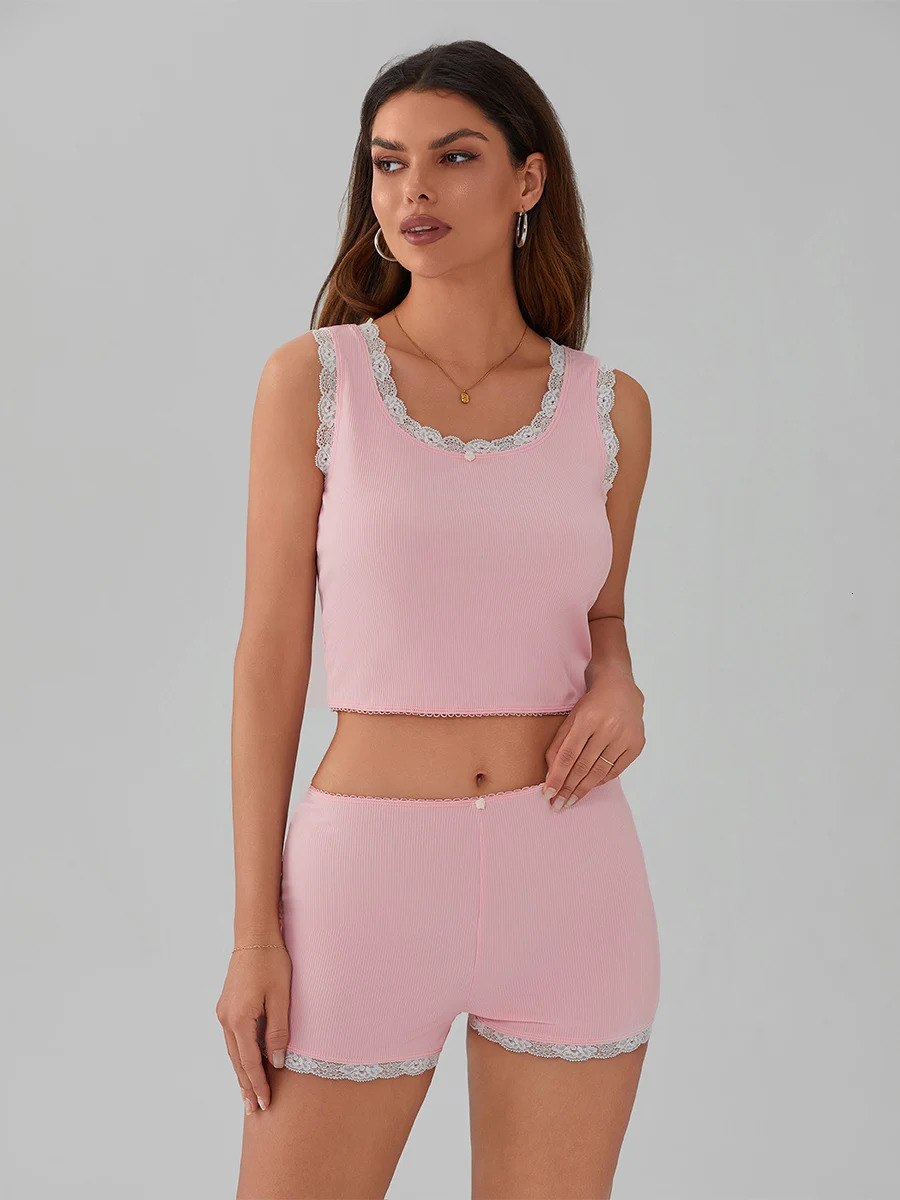 Women s 2 Piece Summer Set Lace Trim Scoop Neck Crop Tank Tops Elastic Waist Short Casual Outfits 250516