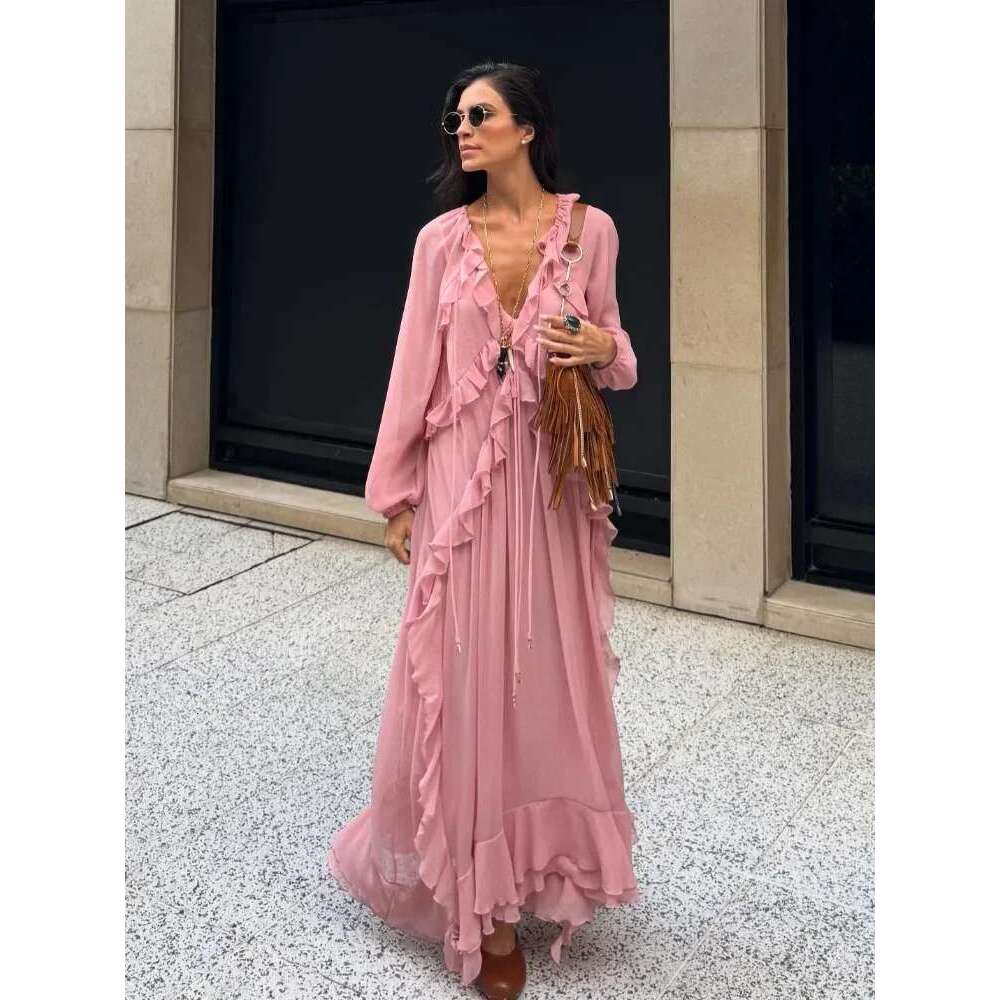 Elegant Solid Multiple Flounces Full Sleeve Robes Chic Loose V Neck Lace Up Pleated Dresses New Lady Summer Party Club Gown 2025 Designer