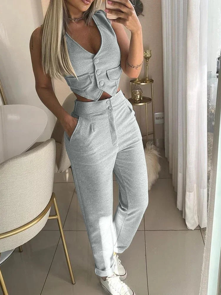 Two Piece Sets Women V Neck Sleeveless Single Breasted Vest Tops Casual Straight Long Pants Set Regular Splice Autumn 250516