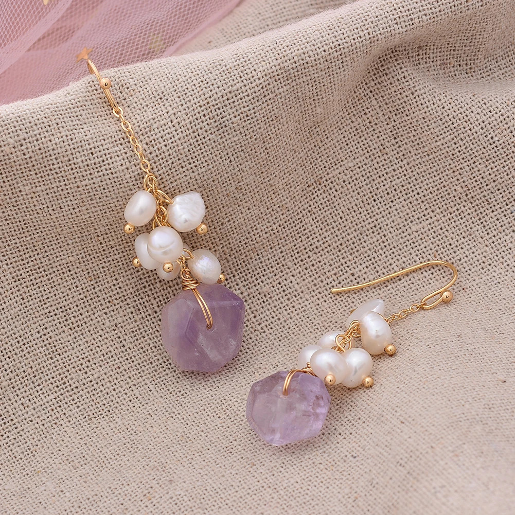 Original Handmade 14K Gold Filled Natural Freshwater Pearl Irregular Amethyst Ladies Drop Earrings Jewelry Women Wedding Gift 250517