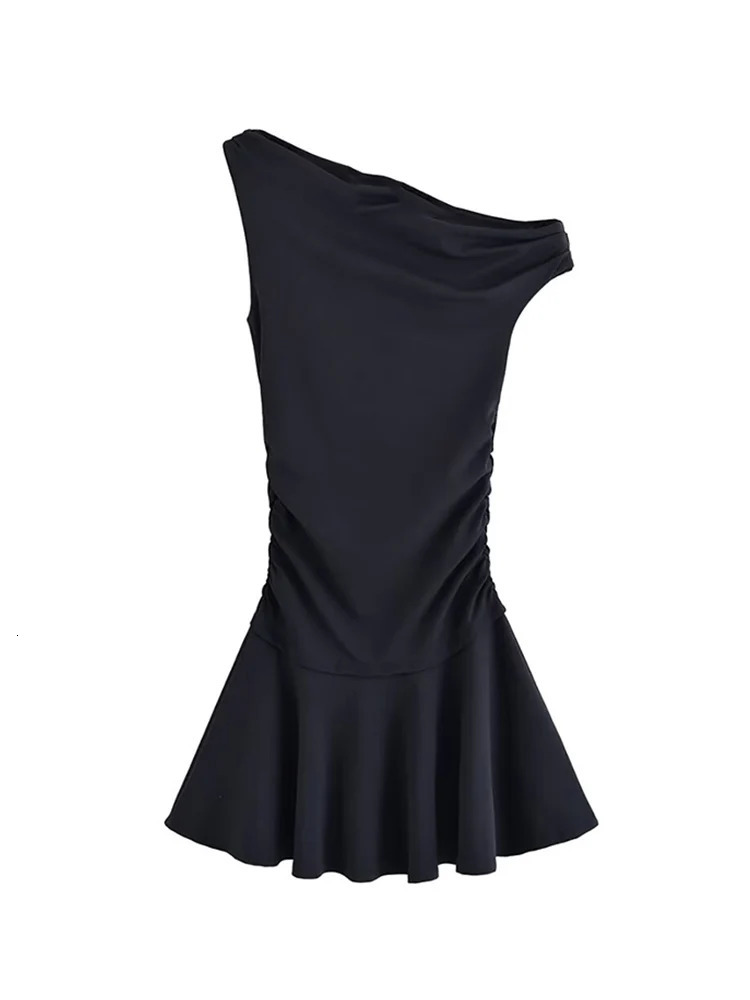 TFMLN Womens Diagonal Shoulder Aline Dress Chic Asymmetric Style Sleeveless Slim Elegant Folds Mini Dresses Summer 250520
