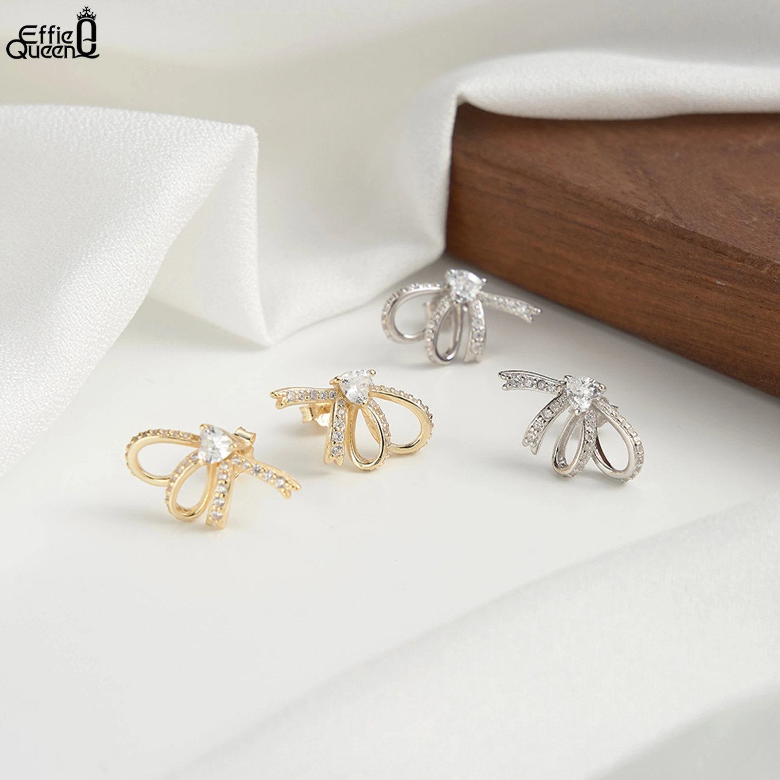 Effie Queen 925 Sterling Silver White Heart Zirconia Stud Earrings Bow Ear Accessory Romantic Gift for Her Wearing SE407 250517