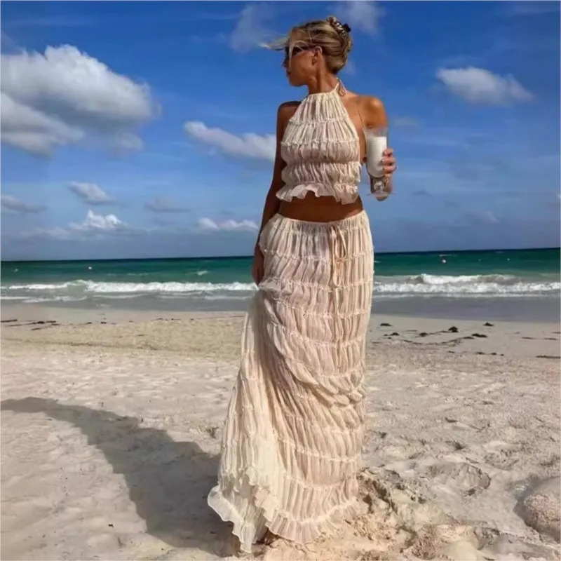 Sexy Backless Halter Strappy Pleated Lace Vest Long Skirt Suit For Women Fashion Dress Sets Solid Summer Beach Party Outfits 250520