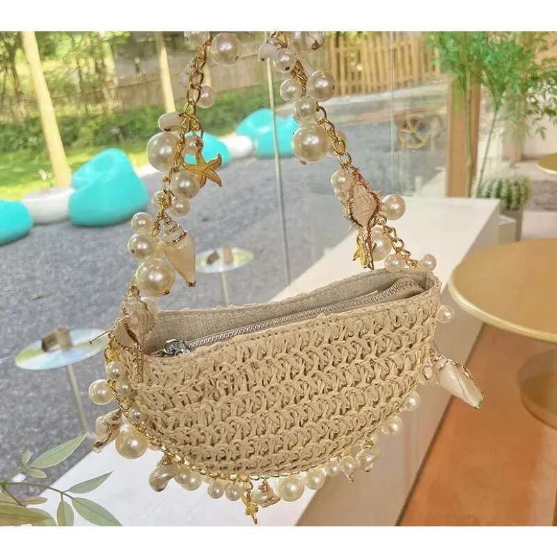 Fashion Pearl Woven Bohemian Rattan Beach Women's Single Shoulder Crossbody Bag Handbag