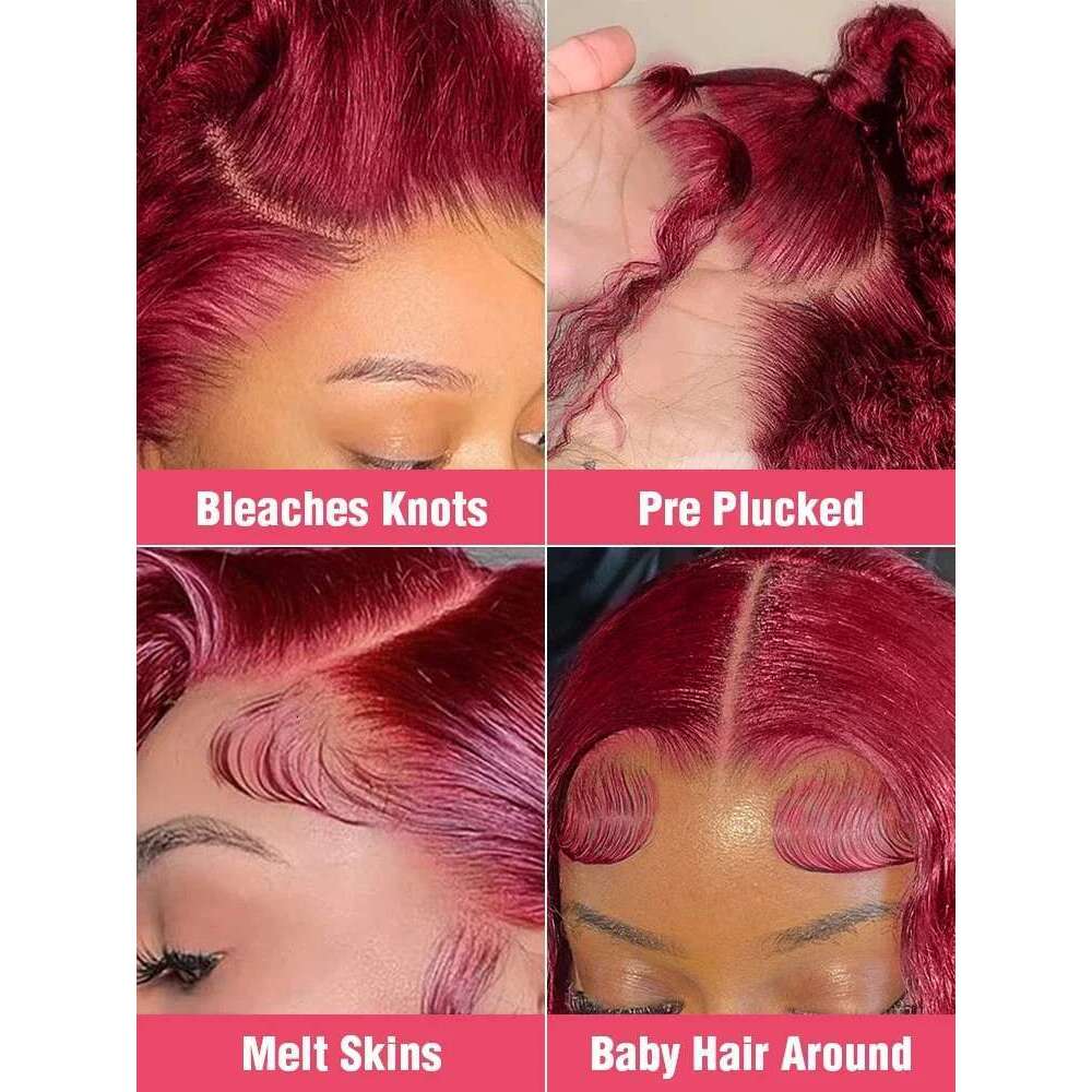 99J Bury 13x6 Body Wave Front HD Transparent Lace Frontal Wig Human Hair Pre Plucked 99j Red Color