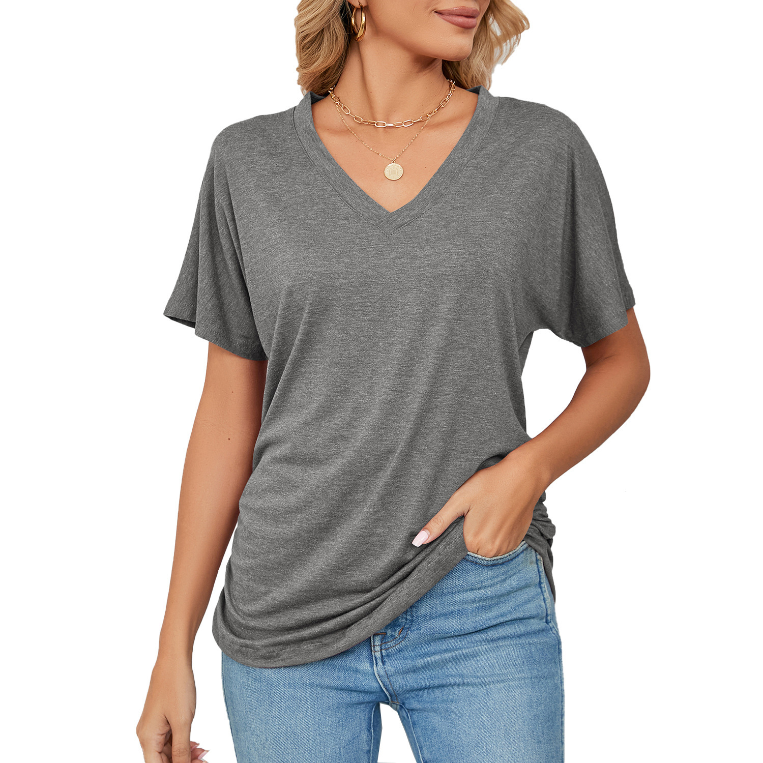 Designer Clothing 2025 Summer New Casual Pullover V-neck Solid Color Loose T-shirt Women's Top Fashionable