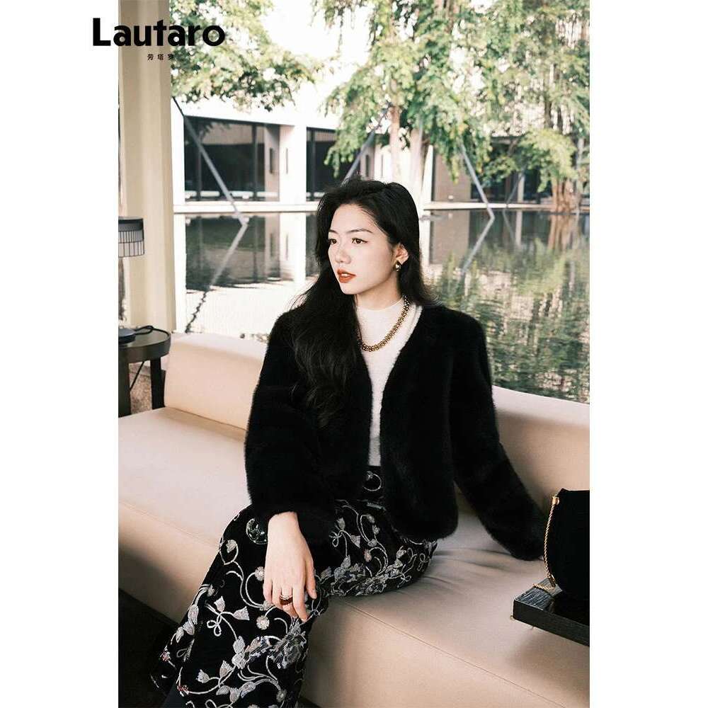 Lautaro Autumn Winter Chic Soft Thick Warm Brown Faux Mink Fur Coat Women with Deep V Neck Long Sleeve Fluffy Jacket 2024