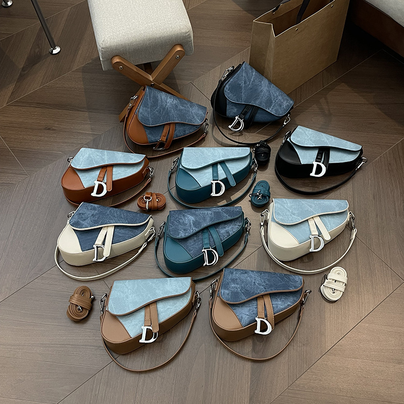 2025 Trendy Denim Print Color-Block Saddle Bag - Stylish Shoulder & Crossbody Purse for Women, Western Chic Patchwork Handbag