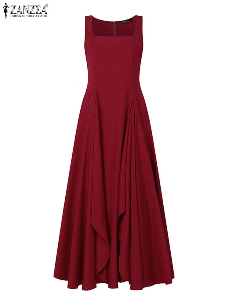 ZANZEA Women Elegant Party Dress Summer Sleeveless Square Collar Sexy Ruffled Maxi Sundress Casual Solid Long Vestidos Robe 250520