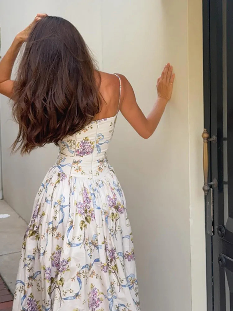 Chic Flower Print Aline Maxi Dress Women Elegant High Waist Strapless Backless Slim Vestidos Lady Summer Vacation Robes 250520