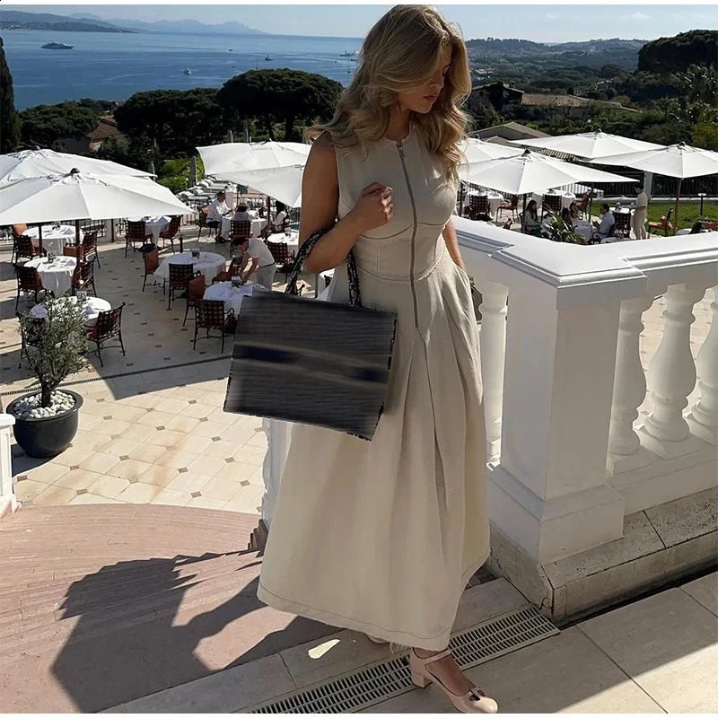 Summer Elegant Solid Sleeveless Women Maxi Dress Fashion V-neck Zipper Slim Cotton Linen Dresses 2024 Office Lady Commuting Robe250514