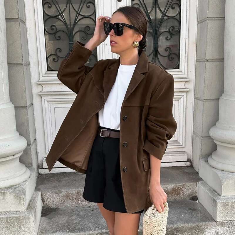 TRAF Women's Old money Jackets Brown Leather Suede Coat Vintage Demi-season Jacket Autumn Winter New in Outerwears