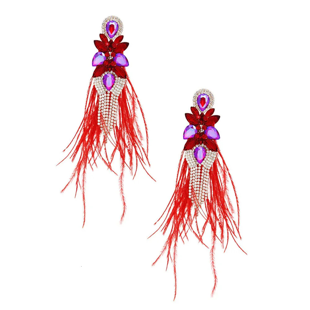 Stonefans AB Color Rhinestone Tassel Feather Earrings Jewelry for Women Statement Large Earrings Belly Dance Decor Prom Jewelry 250520