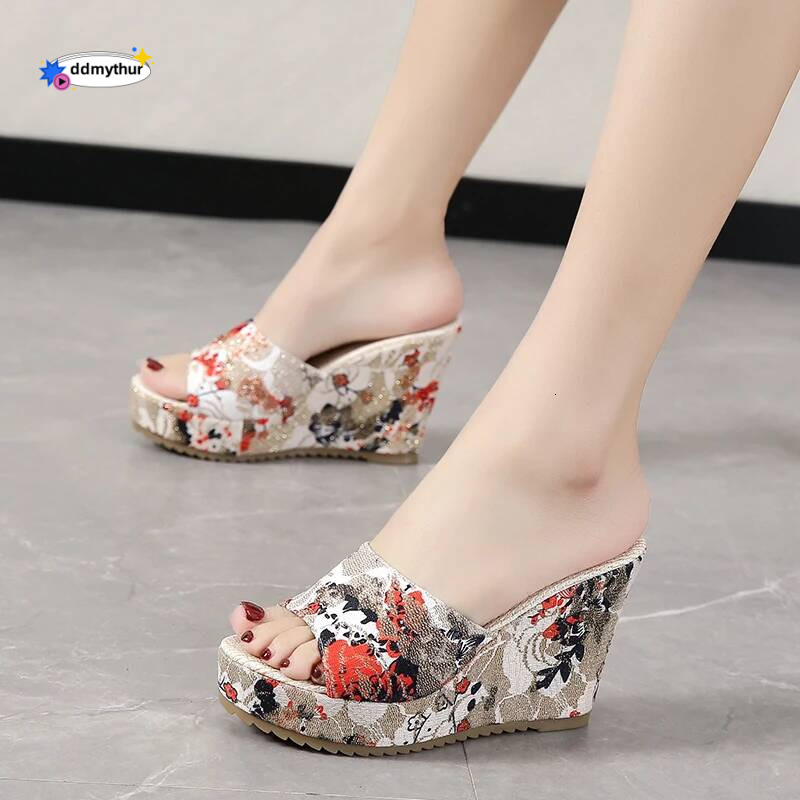 Women Fashion Shoes Casual Flip Flops Summer Vintage Floral Print Peep Toe Wedge Slippers Zapatos De Mujer ddmythur