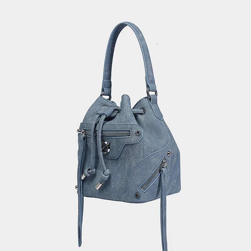 Denim Bucket Bags For Women Designer Handbags And Purses 2024 New In Fashion Rivet Chain Decoration Shoulder Crossbody
