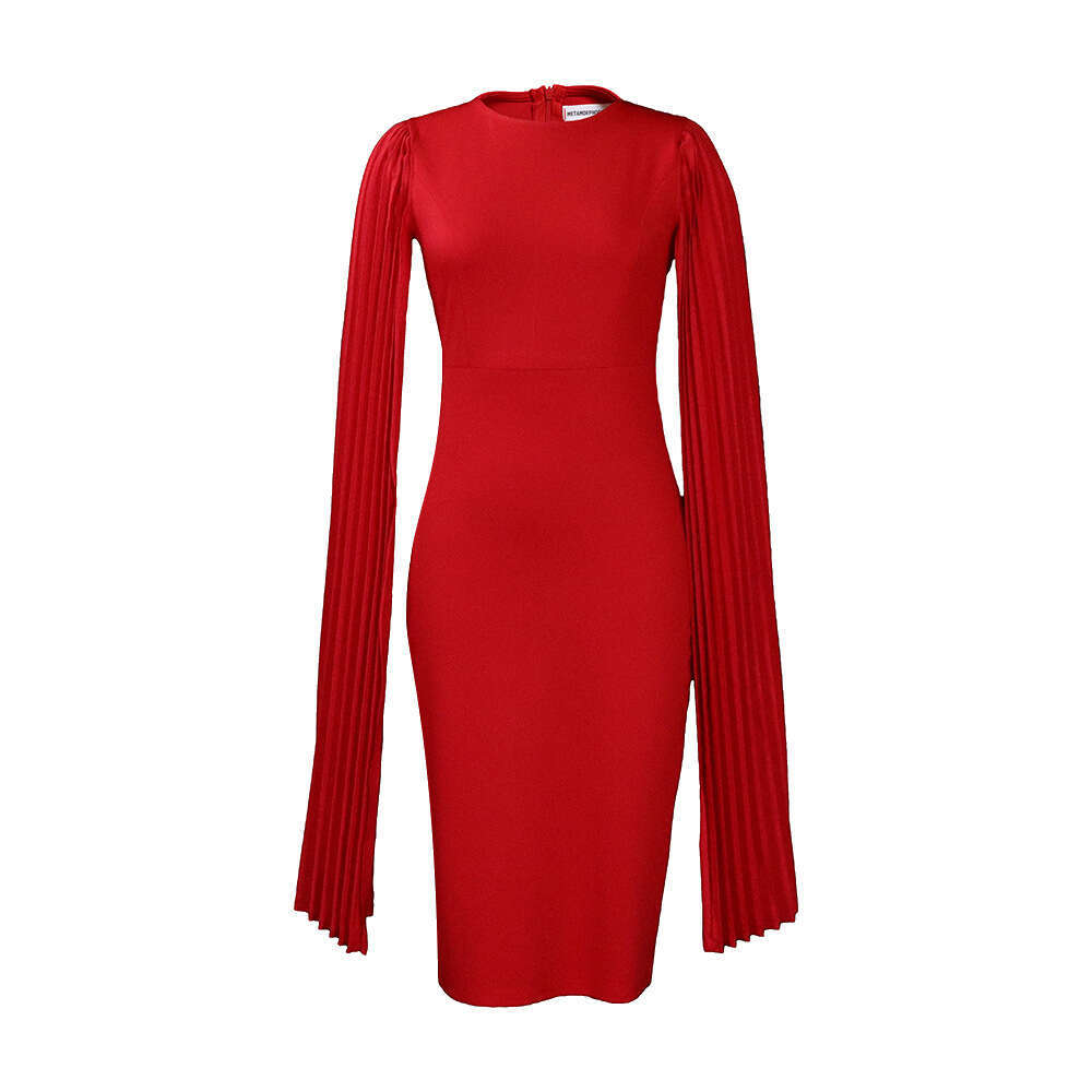 Women's Wear Large Size Women's Spring Pleated Round Neck Elegant Solid Color Buttocks Wrapped Tight Fitting Dress