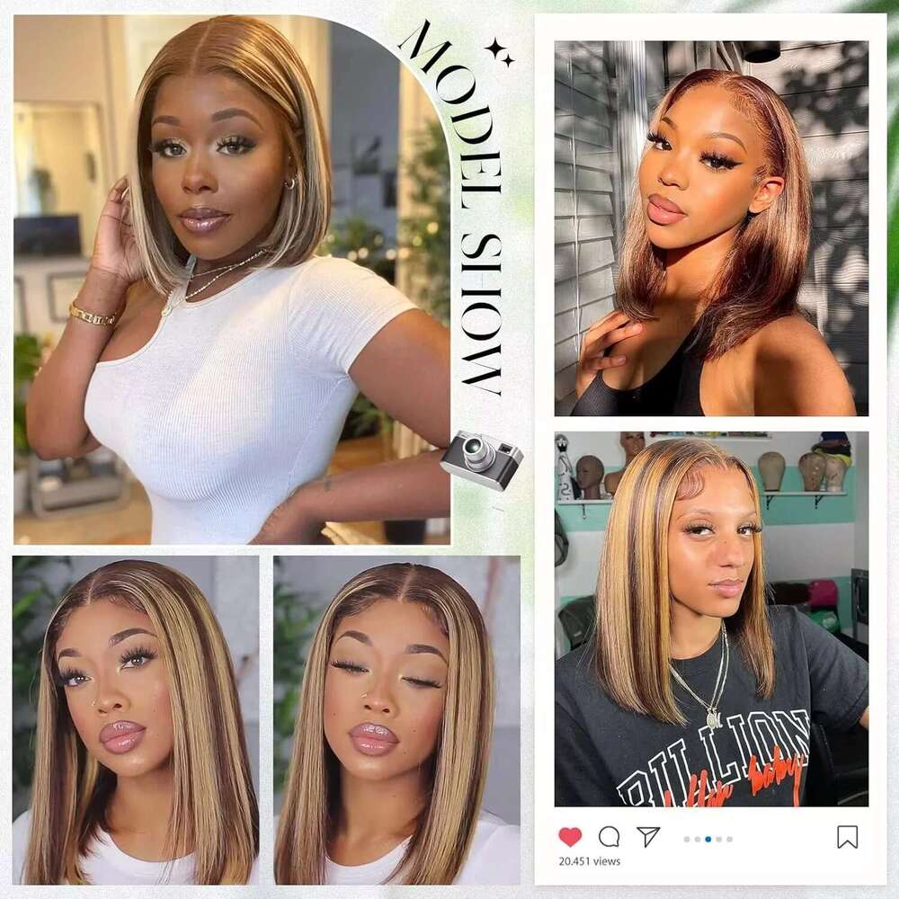 Highlight 4/27 Brown Blonde Color Straight 13x4 Bob Transparent Lace Human Hair Frontal Short Wig For Women