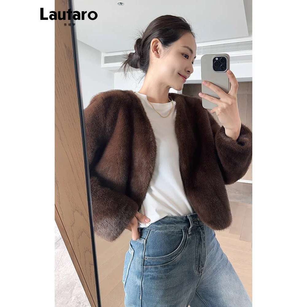 Lautaro Autumn Winter Chic Soft Thick Warm Brown Faux Mink Fur Coat Women with Deep V Neck Long Sleeve Fluffy Jacket 2024