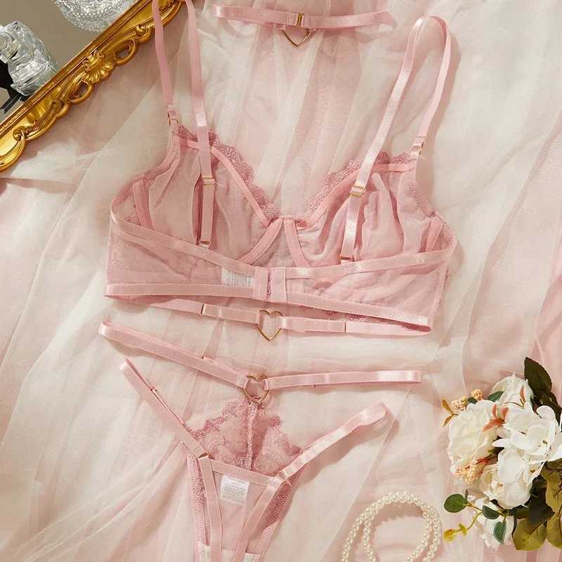 Sexy Lingerie Comfortable Ultra-Thin Sexy Lace Patchwork Mesh Semi-Transparent Push-Up Pink Underwear Set New R250520