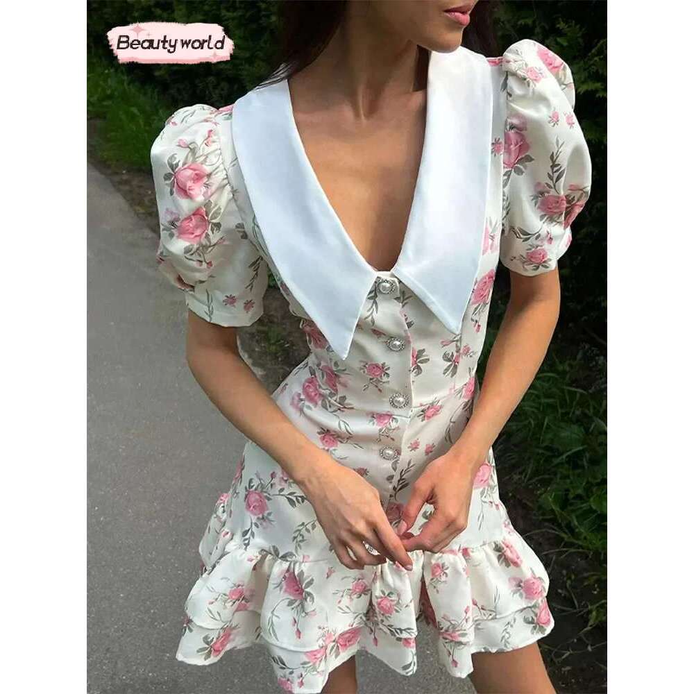 2025 Women Chic Floral Puff Sleeve Dresses Elegant Wrap Waist V Neck Summer Gowns Fashion Lady Lace Up Ruffled Casual Vestidos